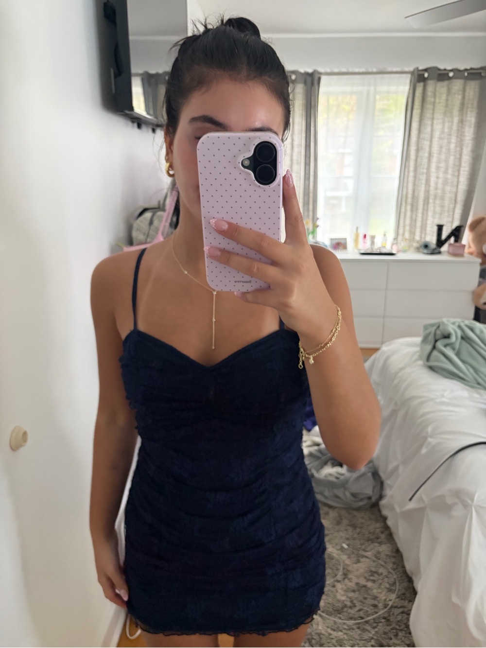 Lulu's Navy Textured Ruched Mini Dress with Spaghetti Straps - Picture 4 of 4